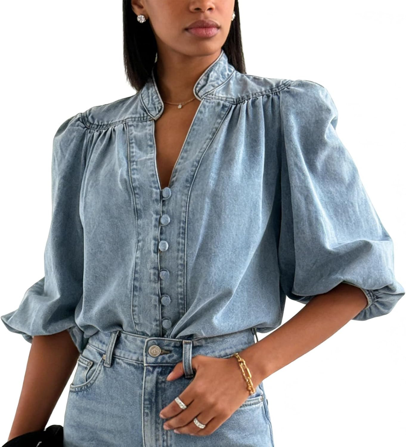 Women 3/4 Lantern Sleeve V Neck Button Down Denim Shirt | Amazon (US)