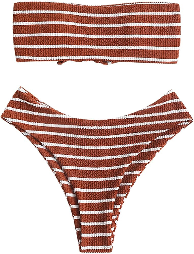 ZAFUL Women Strapless Bikini Set Lace Up Ribbed High Cut Bandeau 2 Piece Swimsuit | Amazon (US)