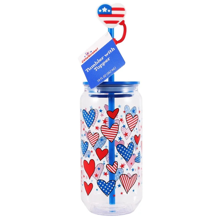 Plastic Tumbler with Heart Topper, Red/White/Blue, 19 oz, Patriotic by Way To Celebrate - Walmart... | Walmart (US)