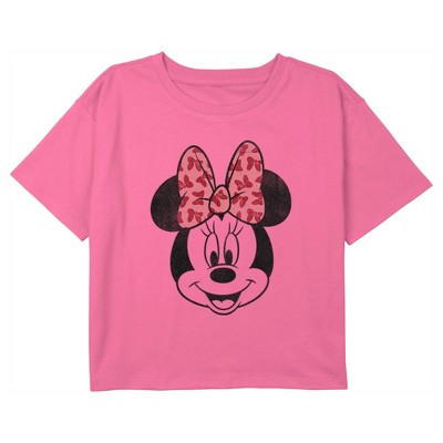 Girl's Mickey & Friends Minnie Mouse Distressed Pink Bow Crop T-Shirt - Light Pink - Medium | Target