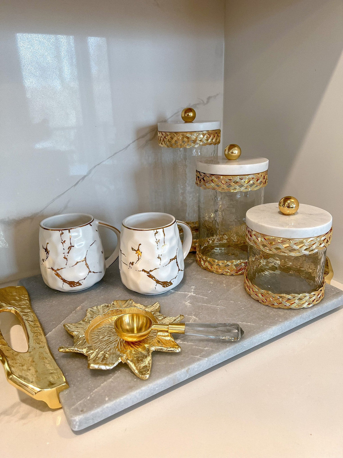 Glass Canister with Gold Lattice Design and Marble and Gold Lid (3 Sizes) | Inspire Me! Home Decor