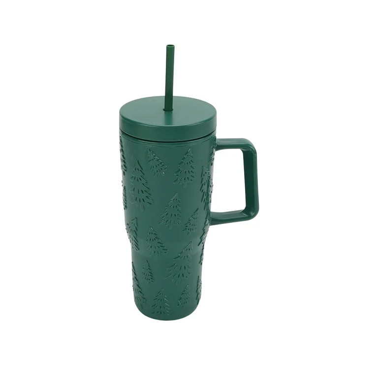 30 Ounce Green Acrylic Double Wall Embossed Christmas Trees Tumbler with Straw and Handle, by Hol... | Walmart (US)