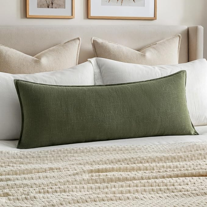 MIULEE Decorative Linen Lumbar Pillow Cover 14x36 Inch Dark Olive Green | Boho Farmhouse Neutral ... | Amazon (US)