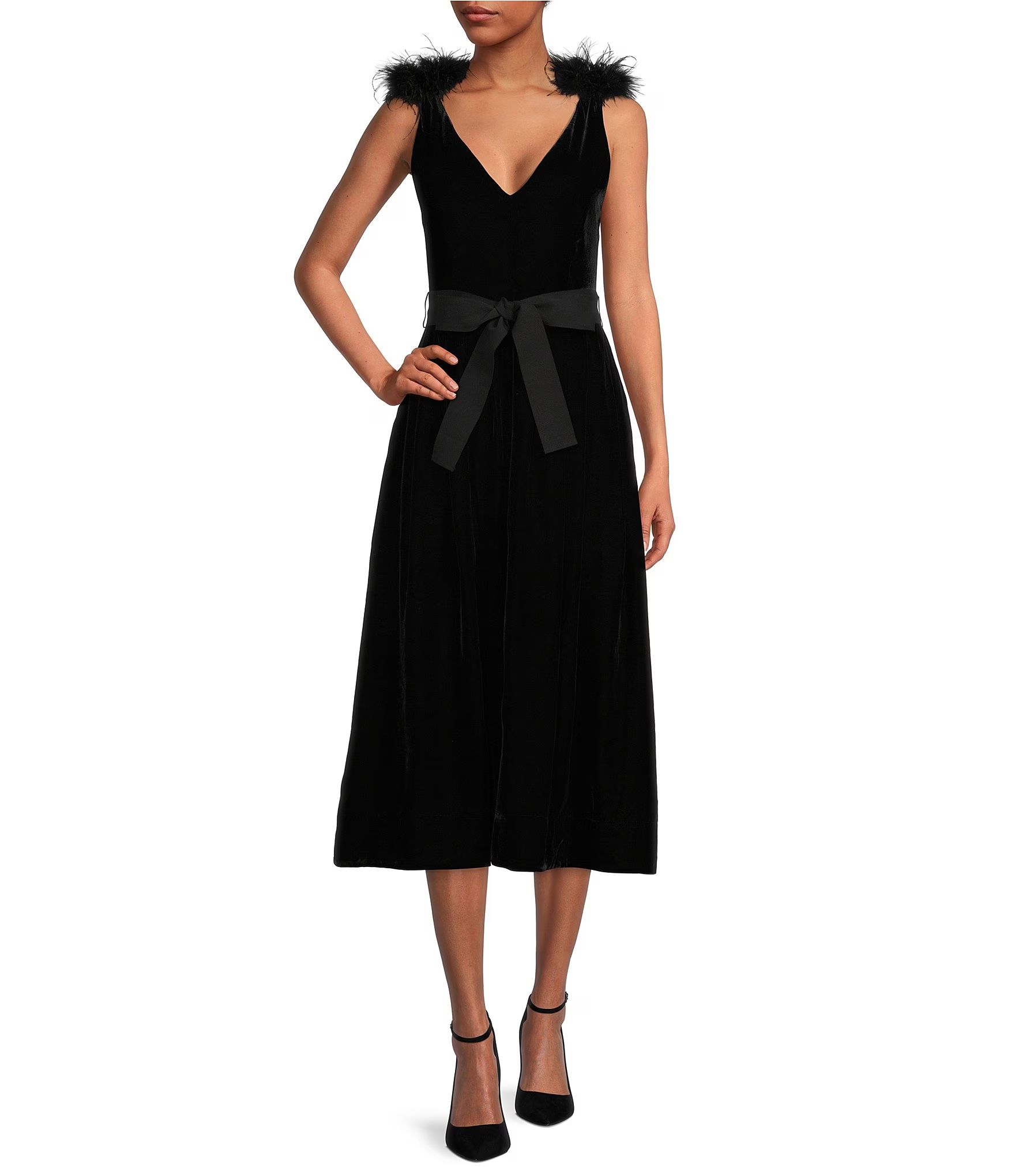 A Loves A Velvet V-Neck Sleeveless Feather Shoulder Belted A-Line Midi Dress | Dillard's | Dillard's
