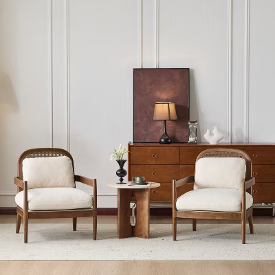 Christopher Knight Home Zuka Mid-Century Modern Rattan Wooden Chair with Cushions (Set of 2), Light Brown/Beige | Target