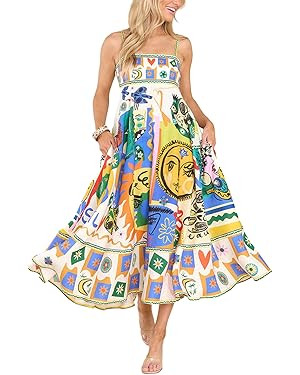 Yuemengxuan Women Boho Beach Flowy Dress Y2k Spaghetti Strap Sleeveless Smocked A-line Swing Maxi... | Amazon (US)