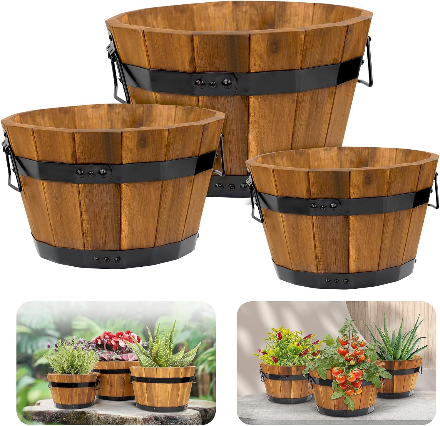 Set of 3 Wooden Flower Boxes Outdoor, Durable Acacia Wood Barrel Planters for Outdoor Plants with Ergonomic Handles, Drainage Holes, Multiple Sizes Wood Bucket Planter Light Brown | Amazon (US)