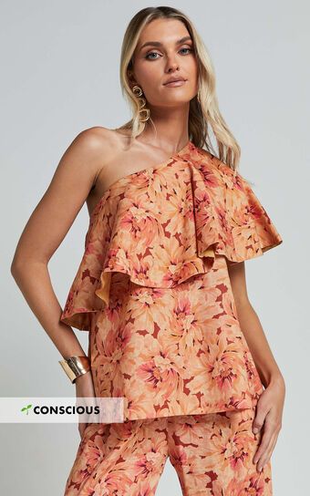 Amalie The Label - Aiko Linen Blend One Shoulder Frill Top in Valencia Print | Showpo (US, UK & Europe)