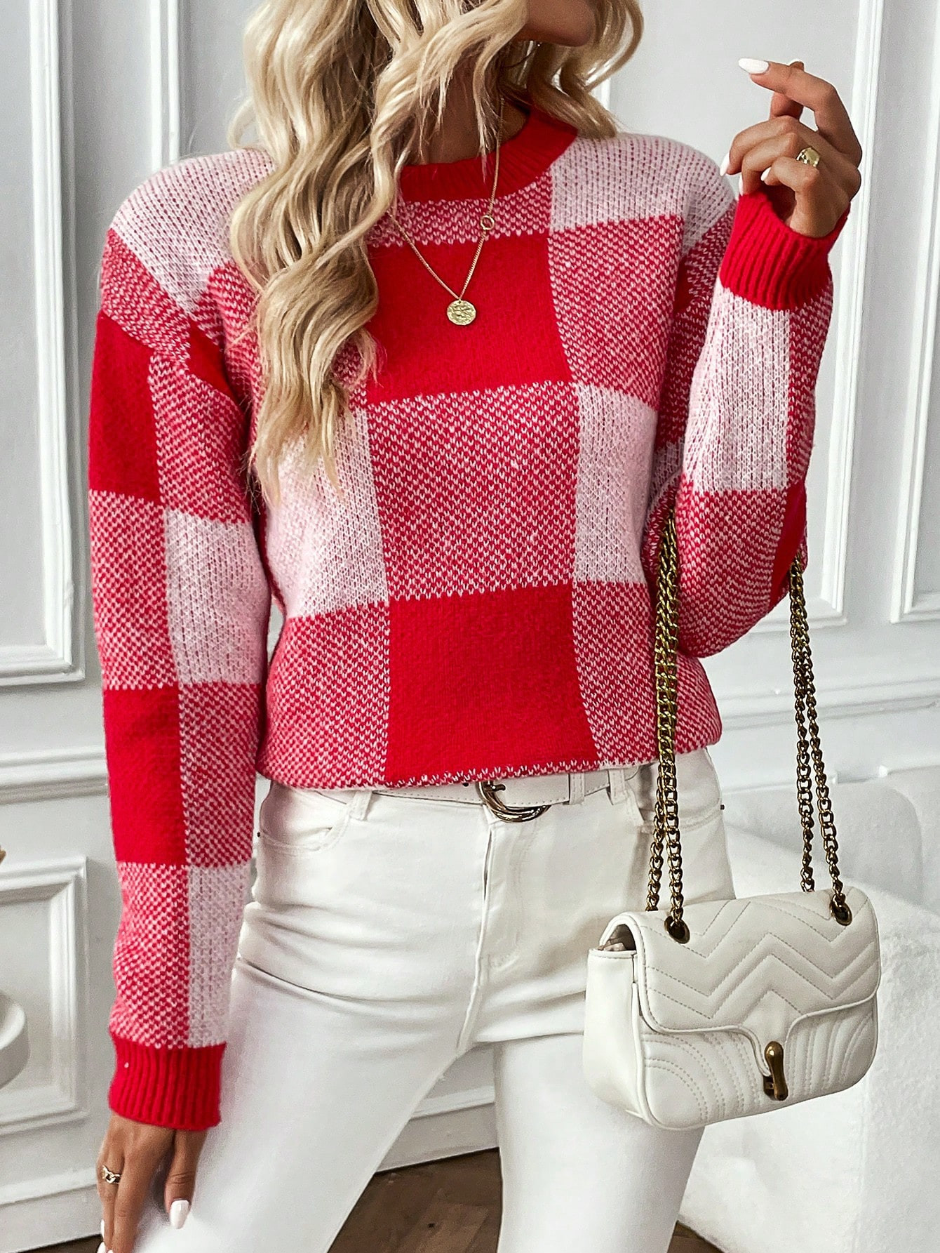 SHEIN Essnce Buffalo Plaid Pattern Drop Shoulder Sweater | SHEIN