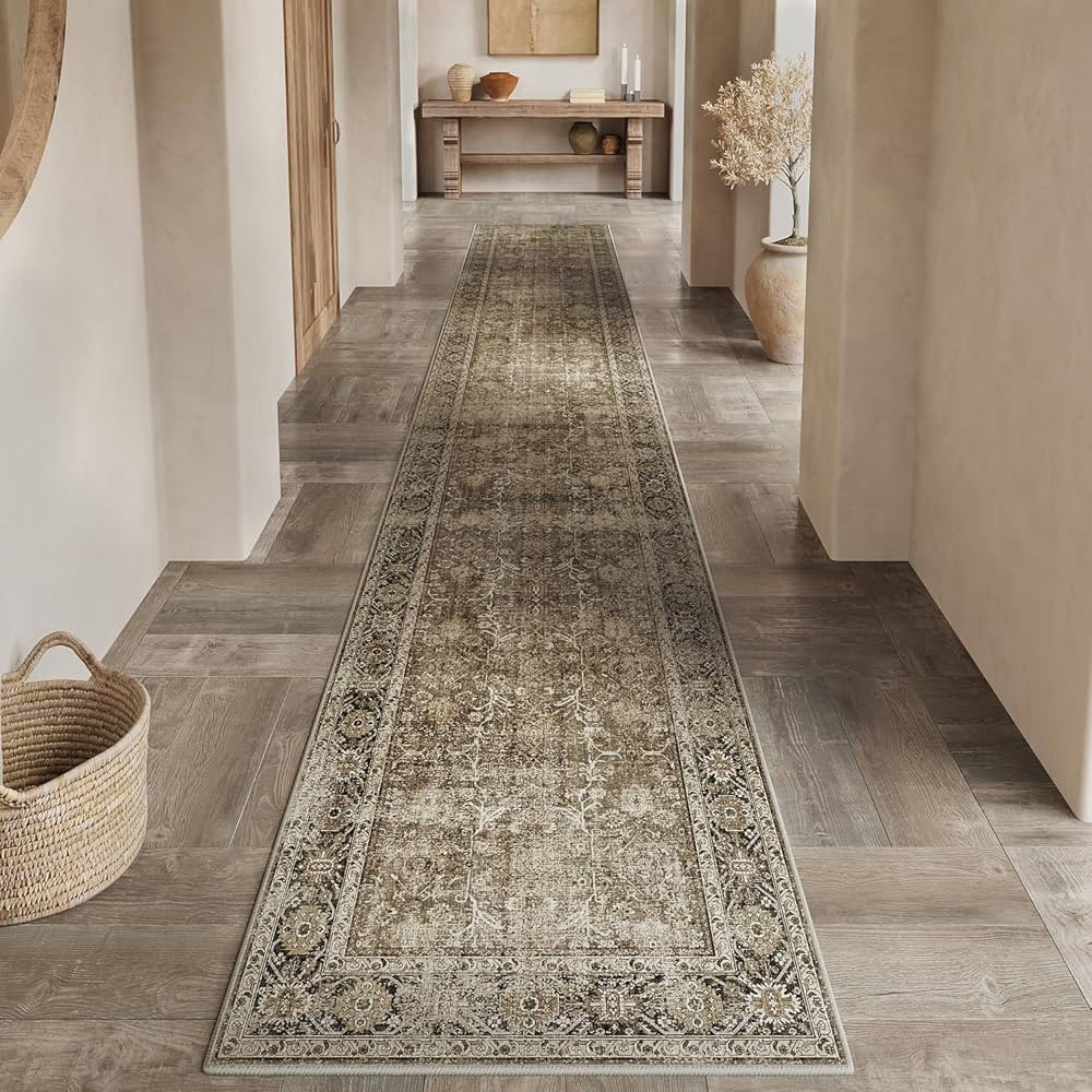Brown Runner Rug 3x12 Vintage Area Carpet Hallway Long Indoor Kitchen Washable Living Room Low Pi... | Amazon (US)