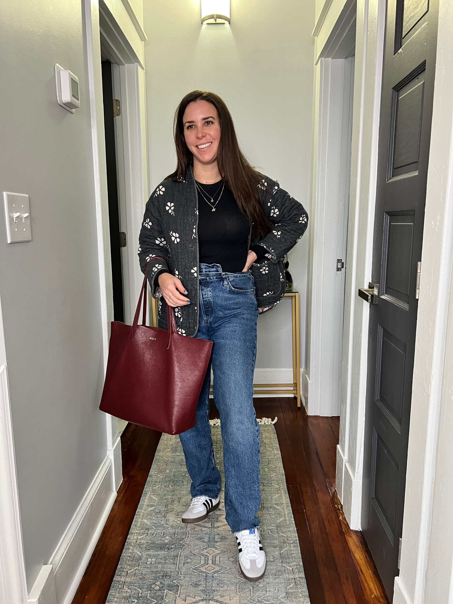 Agolde jeans. Jeans. Casual outfit. Quilted jacket. Sambas. Leather work tote. 

#LTKfindsunder100 #LTKstyletip #LTKitbag