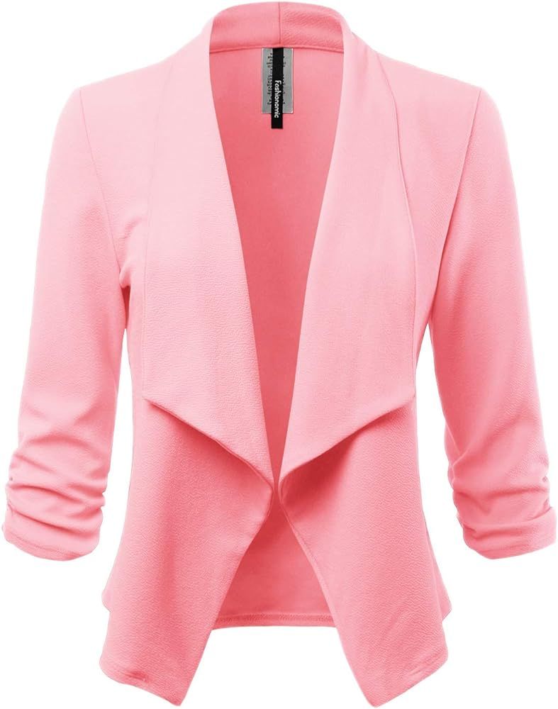 FASHIONOLIC Women's Stretch 3/4 Gathered Sleeve Open Blazer Jacket (Made in USA) (CLBC001) Rose M... | Amazon (US)