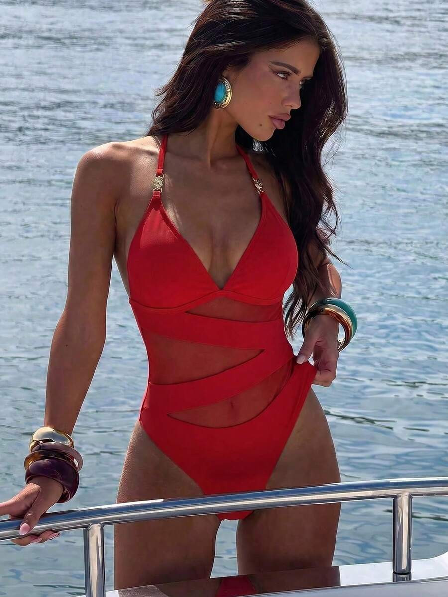 Swim Lushoire Women's Sexy One-Piece Swimsuit With Metallic Decor, V-Neck And Sheer Splice Design... | SHEIN