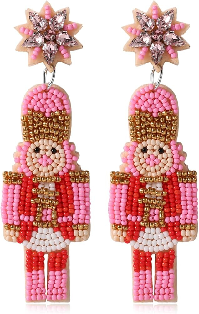 Christmas Nutcracker Earrings for Women - Cute Pink Handmade Beaded Dangle Holiday Jewelry Access... | Amazon (US)