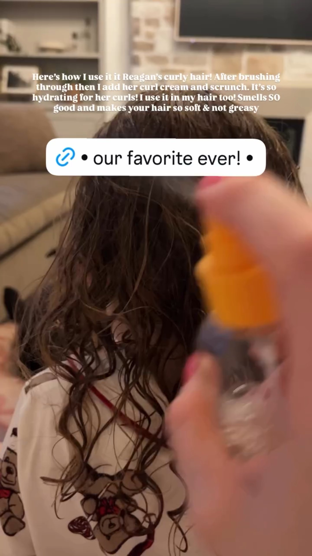 Here’s how I use it it Reagan’s curly hair! After brushing through then I add her curl cream and scrunch. It’s so hydrating for her curls! I use it in my hair too! Smells SO good and makes your hair so soft & not greasy