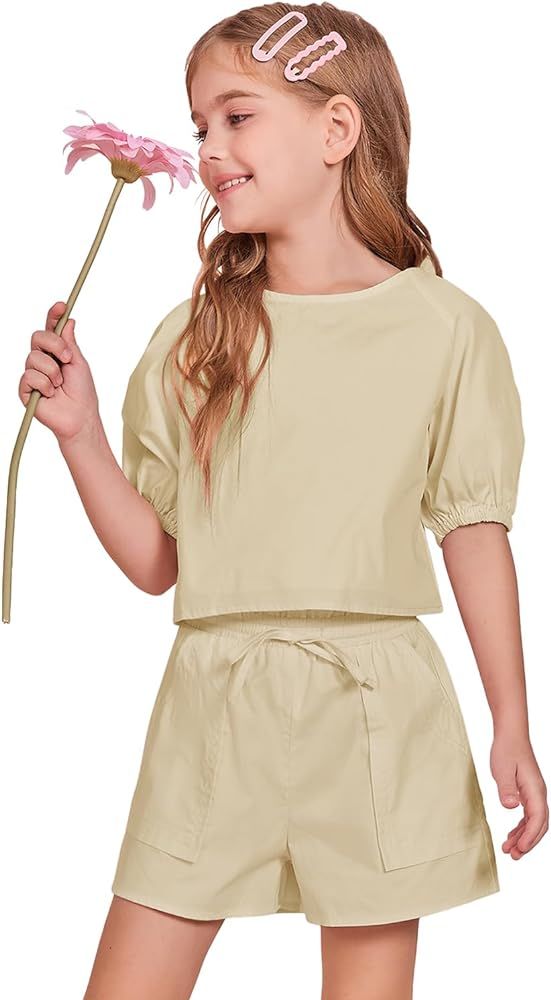 Haloumoning Girls Summer Outfits Short Sets Puff Sleeve Tops and Elastic Waist Shorts 5-14 Years | Amazon (US)