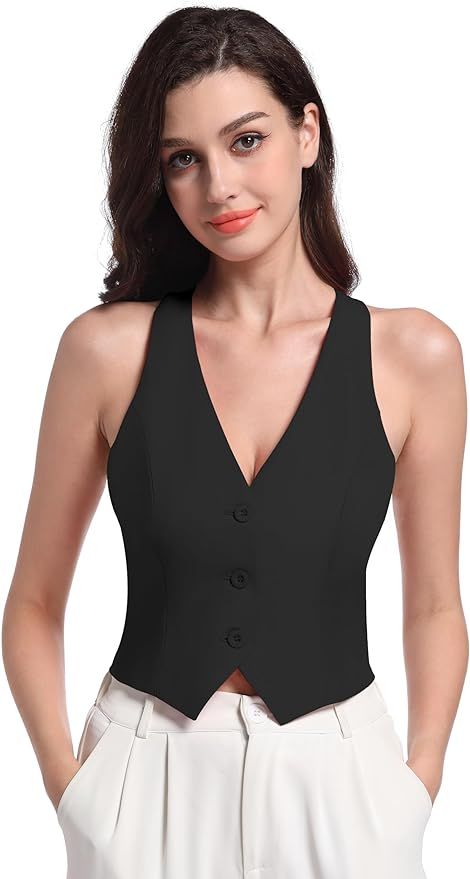 V VOCNI Vest for Women V Neck Suit Vest Sleeveless Racerback Fashion Dressy Crop Vest Top Fitted ... | Amazon (US)
