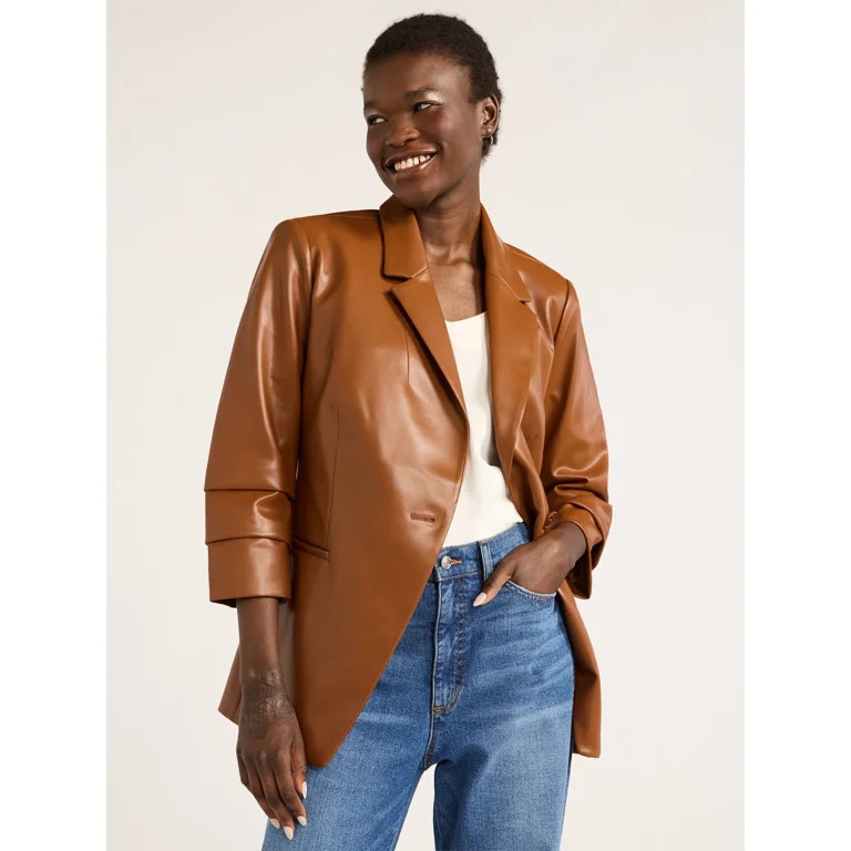 Scoop Women's Ultimate Faux Leather Scrunch Sleeve One Button Blazer, Sizes XS-XXL | Walmart (US)