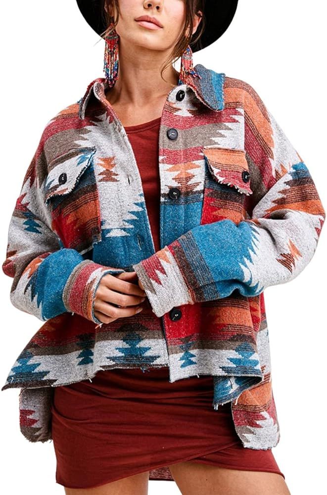 Lentta Women's Aztec Print Jacket Vintage Boho Ethnic Button Down Jacket Coat | Amazon (US)