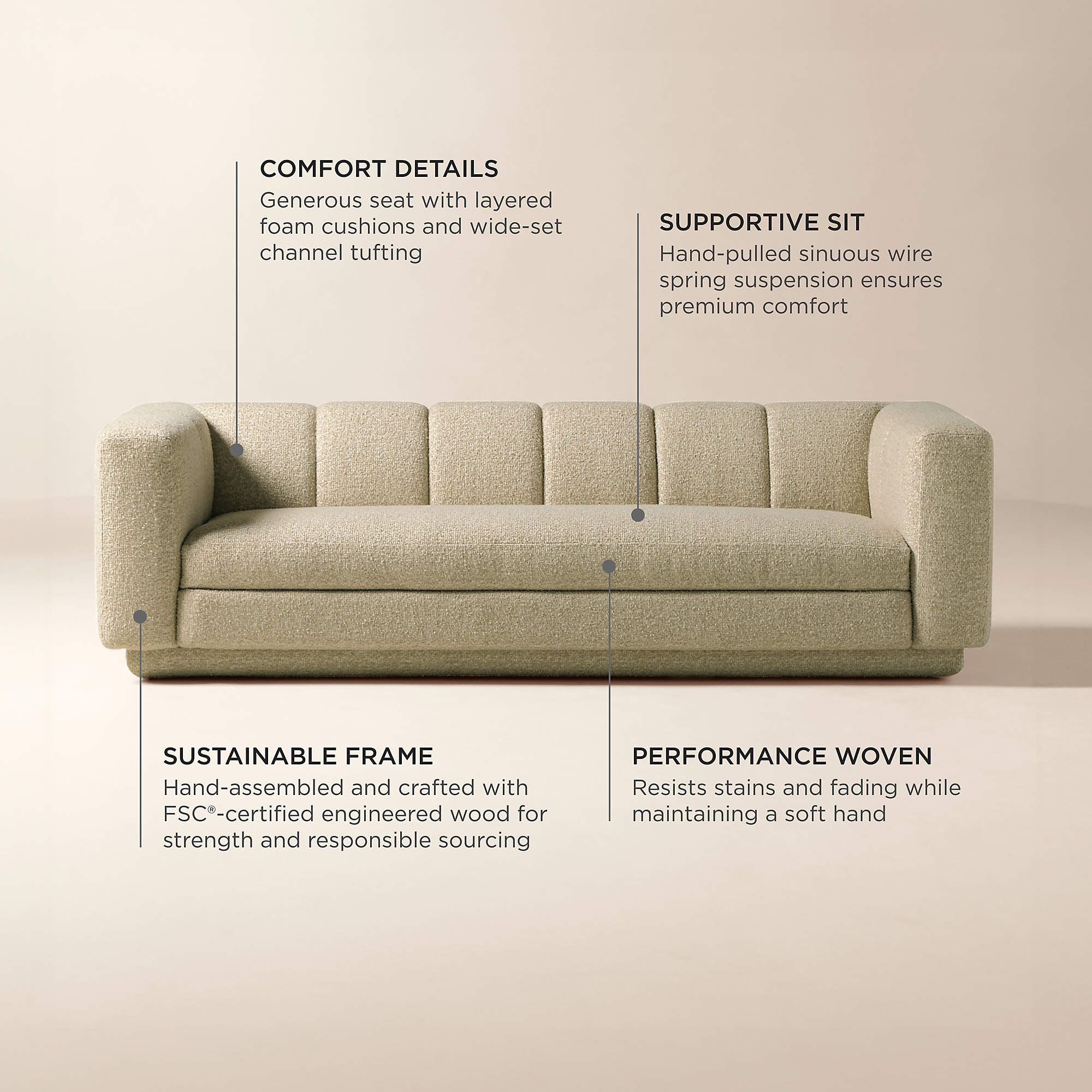 Yarrow 97.5" Camel Woven Fabric Sofa + Reviews | CB2 | CB2