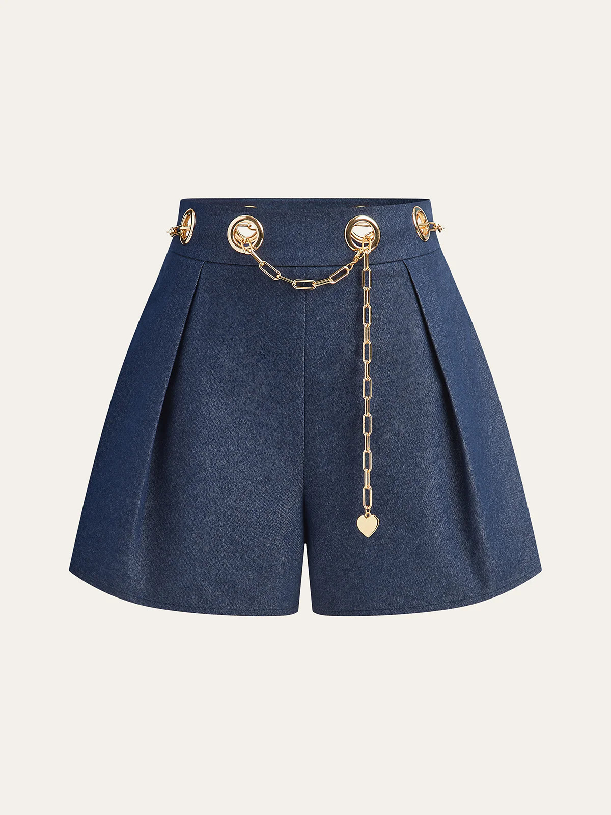 Faux Denim Shorts with Metal Chain Belt | Commense