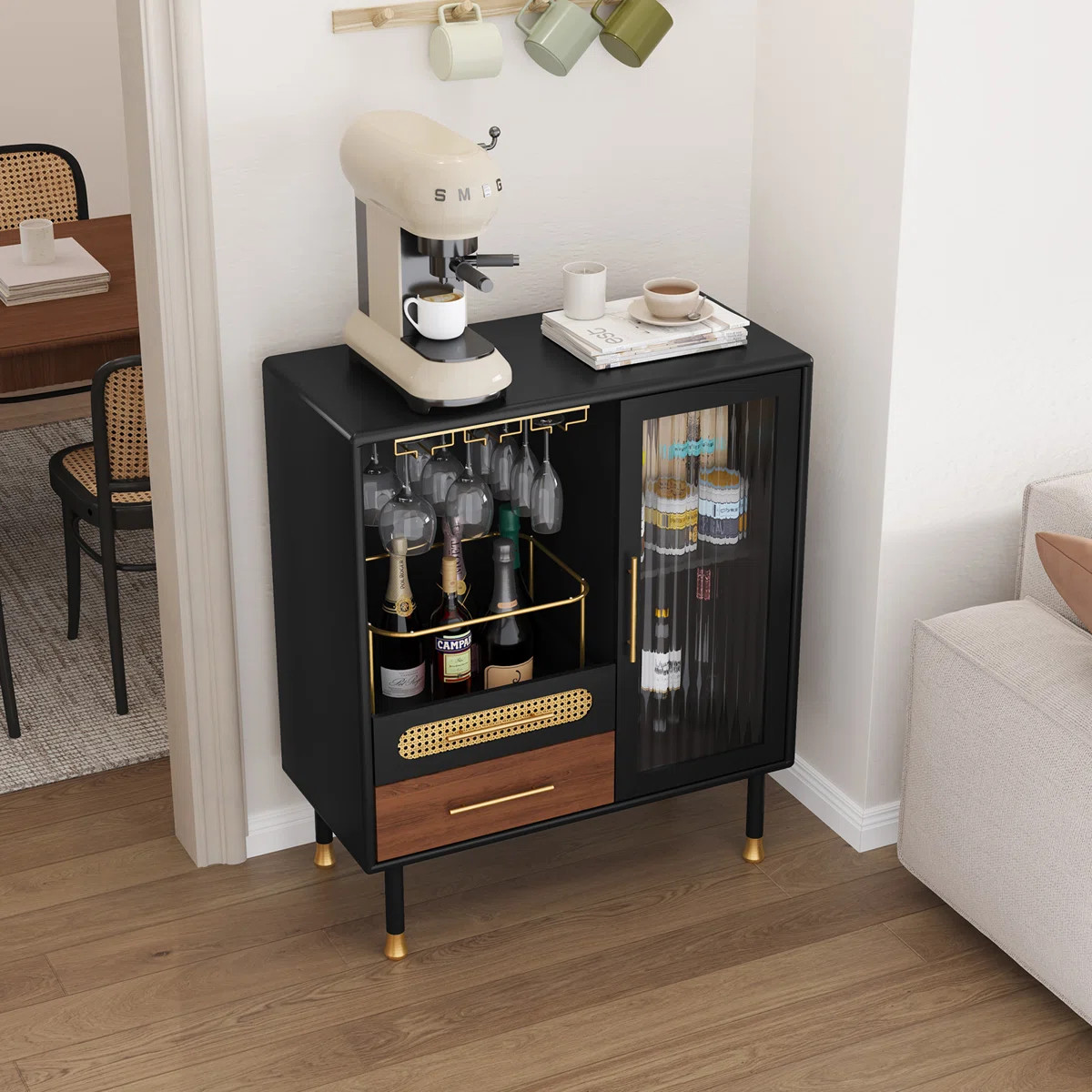 31.5" W Modern Liquor Cabinet with Wine Glass Rack and Storage Drawer | Wayfair North America