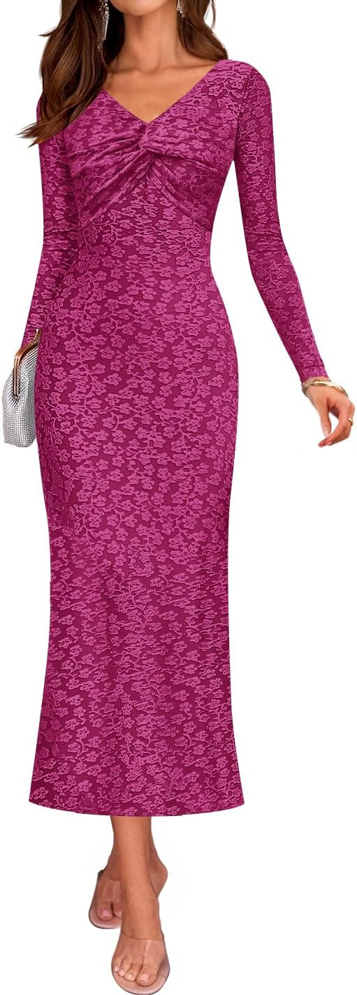 ZESICA Women's Fall Floral Long Sleeve Bodycon Dress 2026 Elegant V Neck Cocktail Party Long Midi... | Amazon (US)