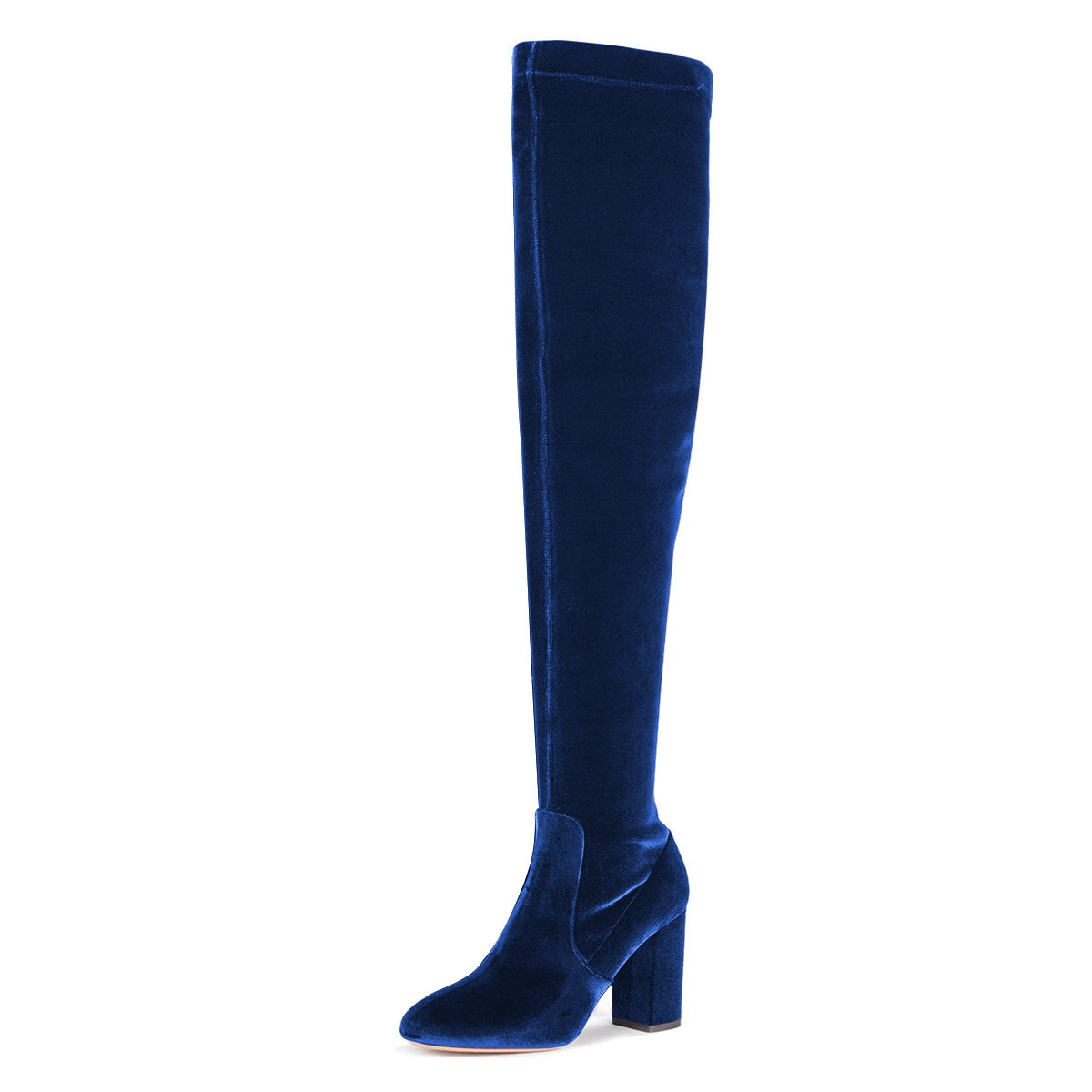Elegant Velvet Round Toe Chunky Heel Over-the-knee Boots in Blue | FSJshoes