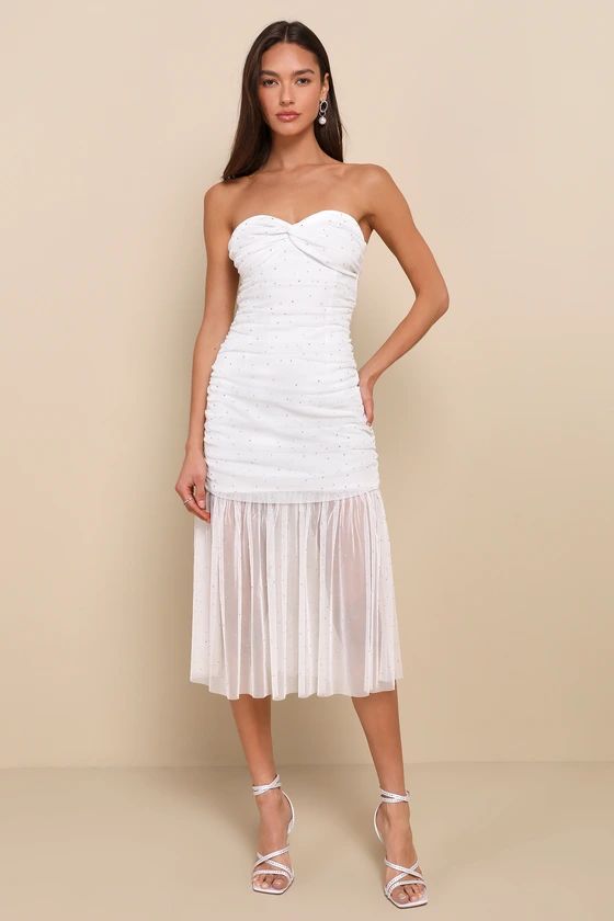 Sparkling Babe White Mesh Rhinestone Ruched Strapless Midi Dress | Lulus