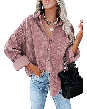 BWDIDACI Womens Corduroy Button Down Shacket Casual Long Sleeve Shirt Jacket Oversized Blouses To... | Amazon (US)