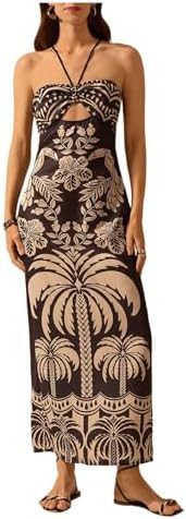 SHENHE Women's Tropical Print Halter Maxi Dress Cutout Tie Backless Split Hem Boho Sundress | Amazon (US)