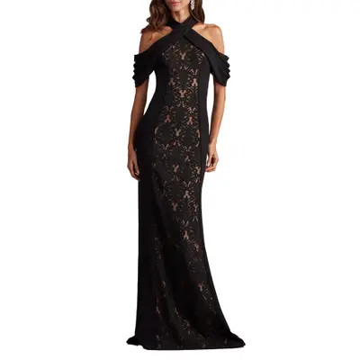 Tadashi Shoji Lace Inset Cold-Shoulder Gown in Navy/Nude at Nordstrom, Size 16 | Nordstrom