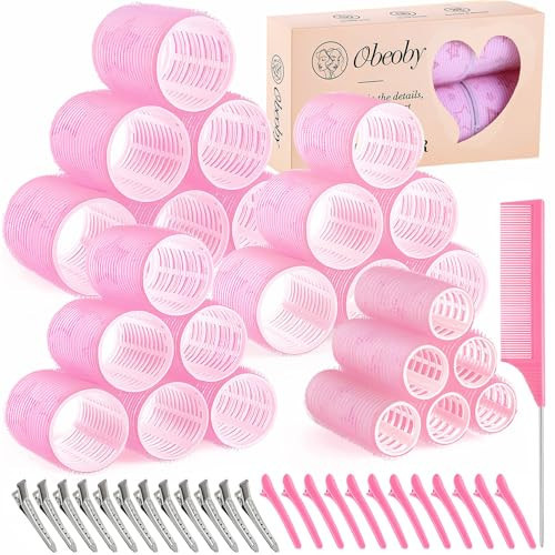 obeoby 4 Sizes Hair Rollers for Women Self-Grip Curlers Set, Pink Star | Amazon (US)