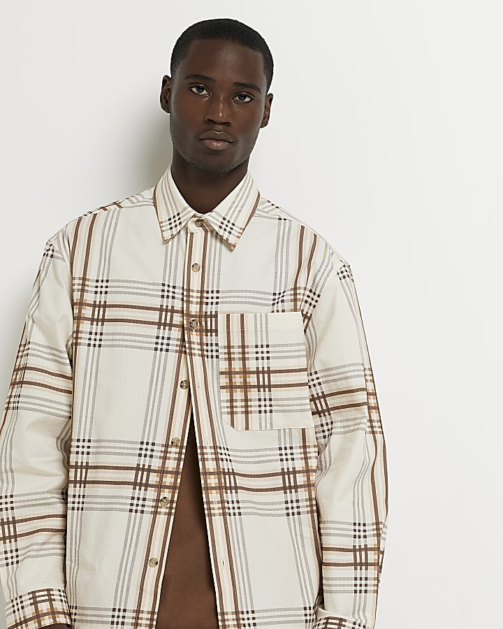 Ecru Oversized fit Check long sleeve Shirt | River Island (UK & IE)