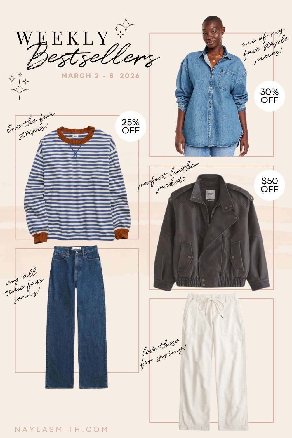 Weekly Bestsellers! Striped sweater (I wear L), my all time fave jeans (I wear 32), oversized denim shirt (I wear L, Canadian link under similar products), perfect leather jacket (I wear L). Baggy cream drawstring pants


#LTKsale #LTKjeans #LTKstyletip