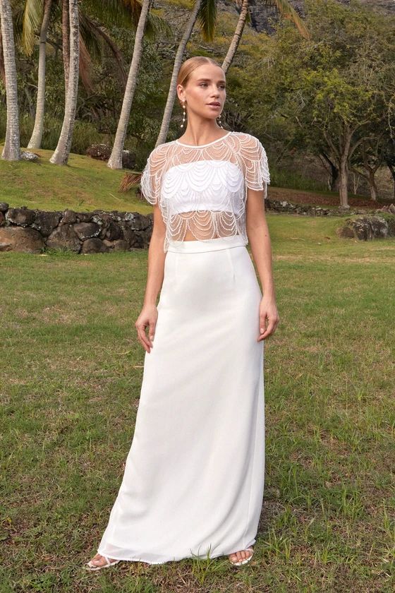 Everlasting Poise White Sheer Pearl Beaded Two-Piece Maxi Dress | Lulus