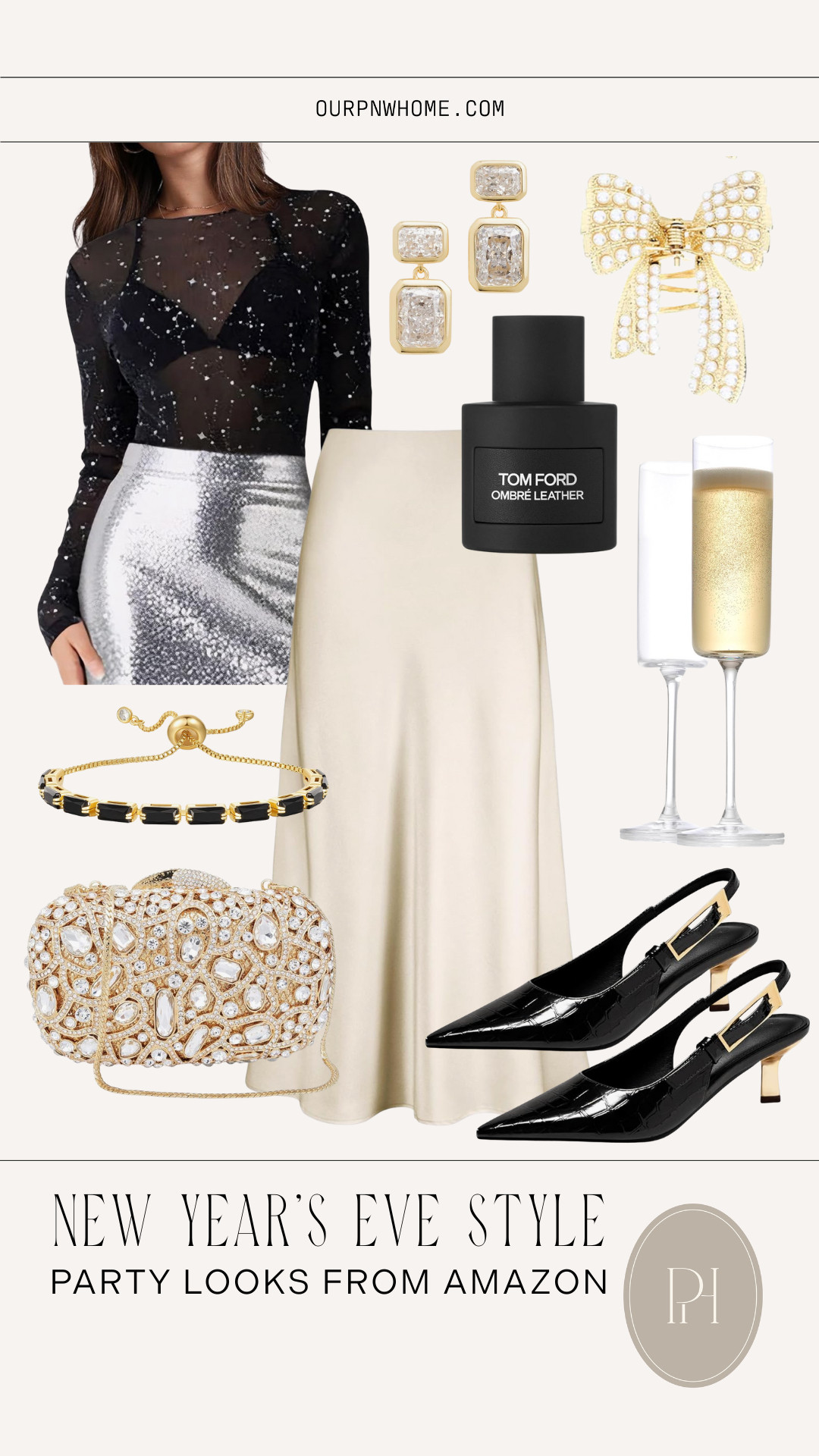 Amazon style finds I'm loving for a New Year's Eve party look!

white satin skirt, midi skirt, black sheer top, sparkly top, black heels, kitten heels, gold kitten heels, holiday party outfit, New Year's Eve outfit, bow claw clip, sparkly earrings, rhinestone earrings, rhinestone handbag, sparkly clutch handbag, black bracelet, women's fragrance, perfume, champagne flute, champagne glass 

 #LTKHoliday #LTKootd #LTKSeasonal