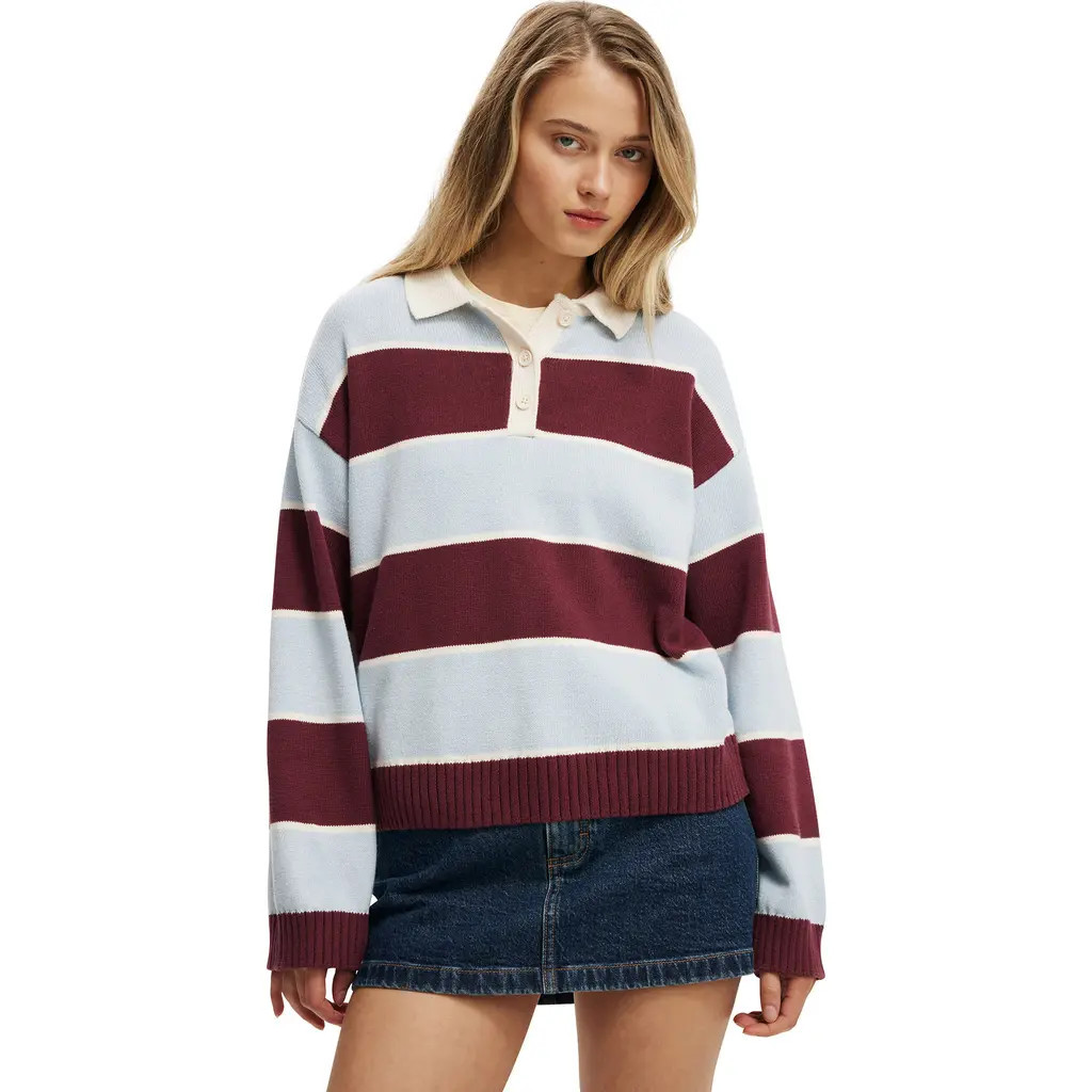 Cotton On Women's Cotton Long Sleeve Polo in Sour Cherry Stripe at Nordstrom, Size Large | Nordstrom