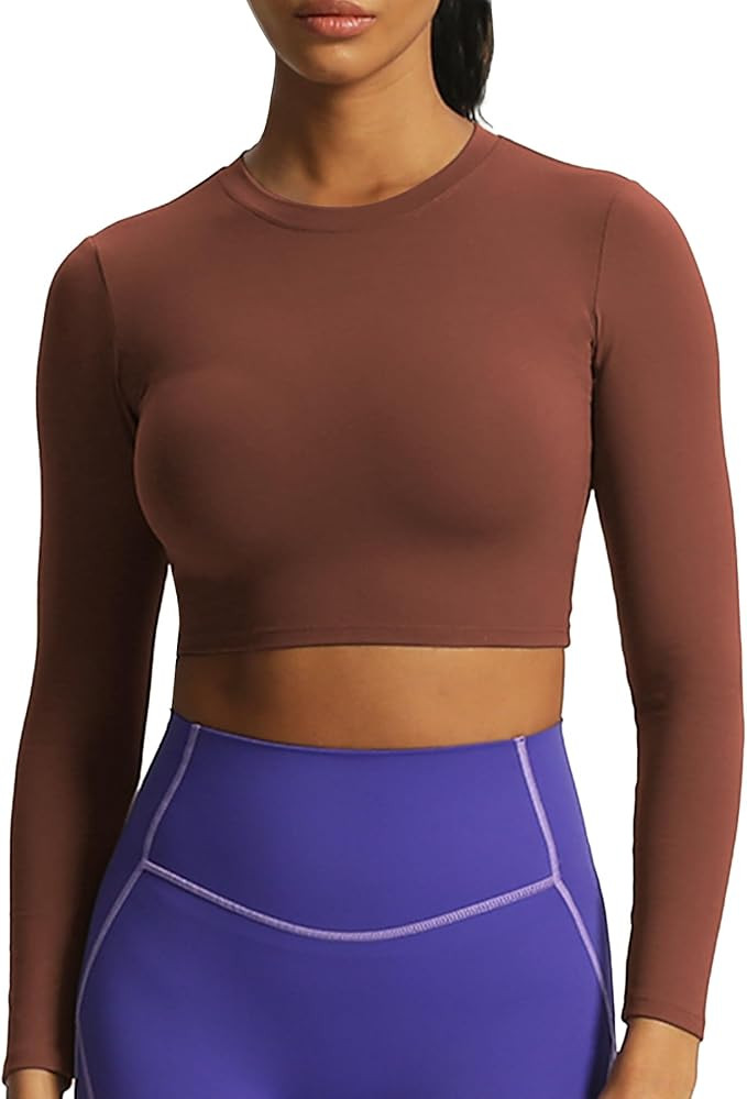 Aoxjox Long Sleeve Crop Tops for Women Classic Longline Workout Cropped T Shirt Top Length | Amazon (US)