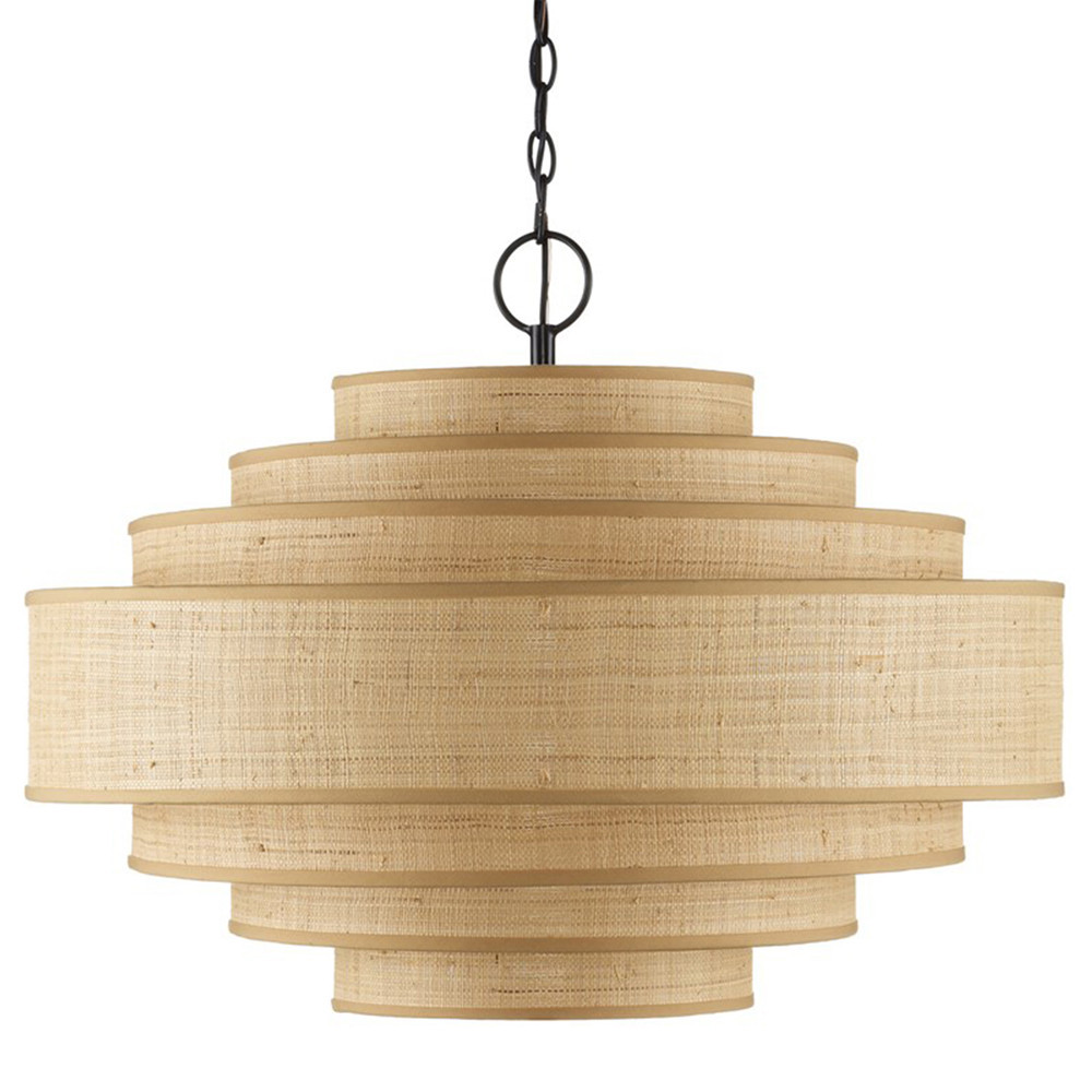 Hover Coastal Beach Satin Black Metal Natural Grasscloth Layered Shade Chandelier | Kathy Kuo Home
