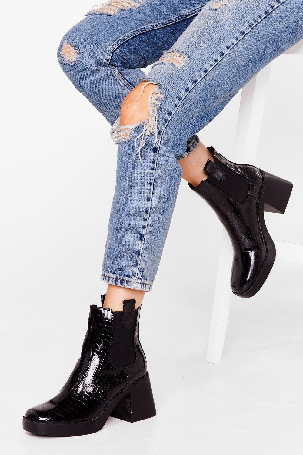 Womens Croc Faux Leather Boots with Embossed Design - Black | NastyGal (US & CA)
