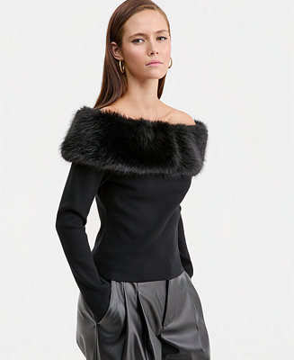 Women's Off-The-Shoulder Faux-Fur-Trim Top, Macy's Exclusive | Macy's