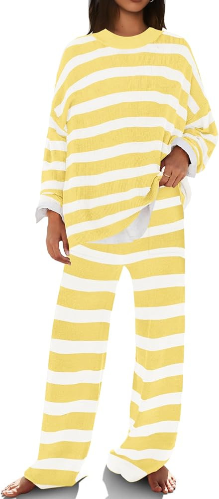 SENSERISE Womens Lounge Sets Oversized Sweater Set Striped Long Sleeve Tops and Pants Pajamas wit... | Amazon (US)