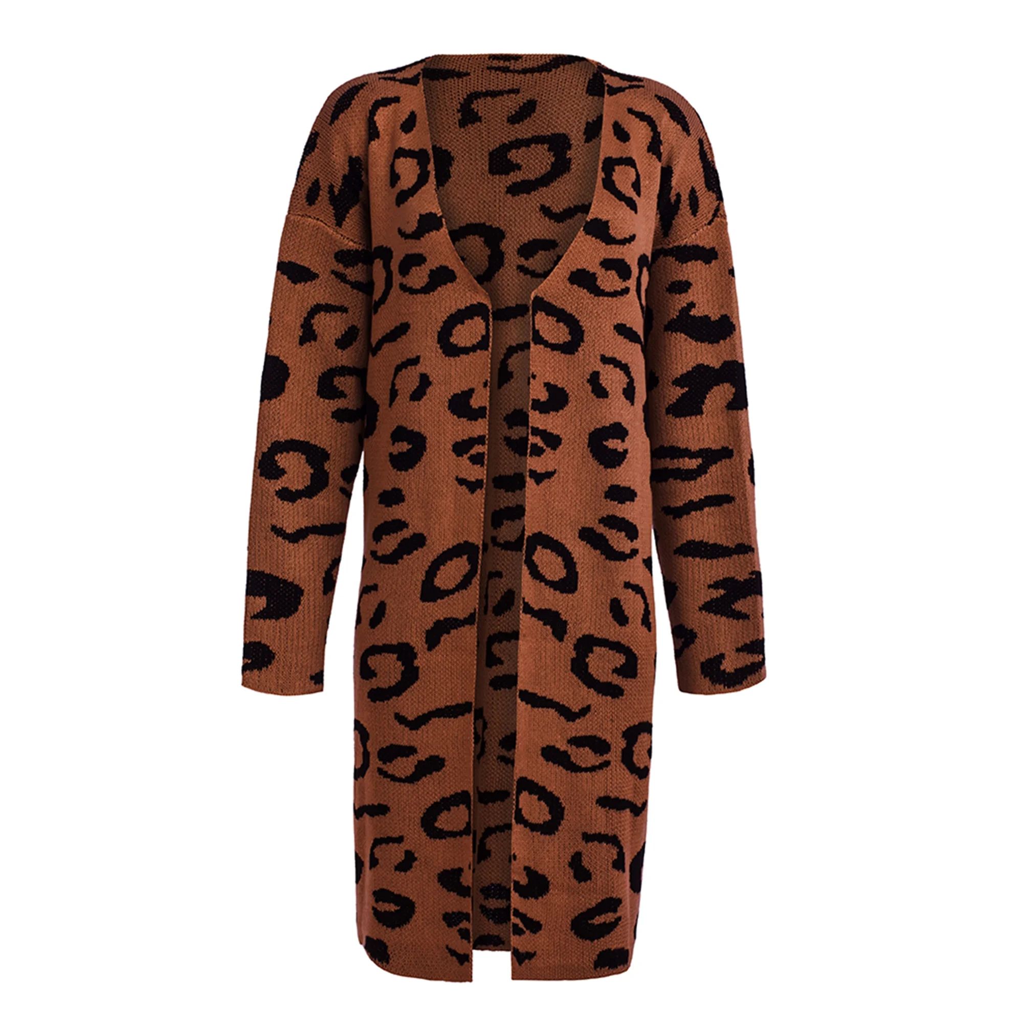 Women Leopard Print Long Sleeve Knit Cardigan Open Front Sweater Outwear Coat | Walmart (US)