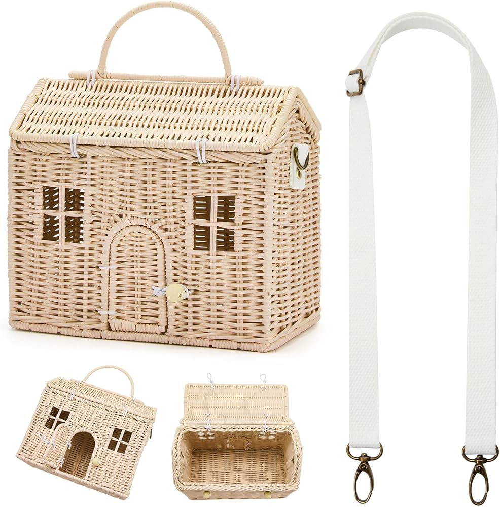 Wettarn Handmade Rattan Doll House Rattan House Shape Shoulder Bag Wicker Basket with Lid for Dol... | Amazon (US)