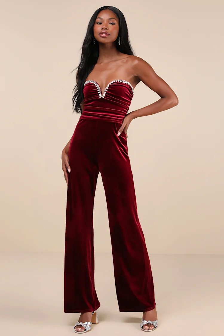 Fabulous Instinct Burgundy Velvet Pearl Strapless Jumpsuit | Lulus