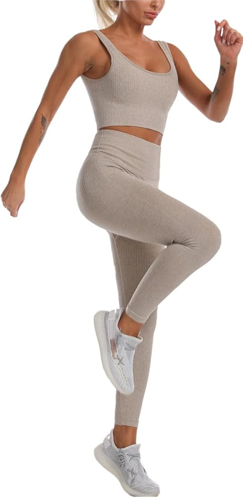 QCHENG Women's Workout Sets 2 Piece Ribbed Seamless Sports Bra and Leggings Set Gym Clothes Yoga ... | Amazon (US)