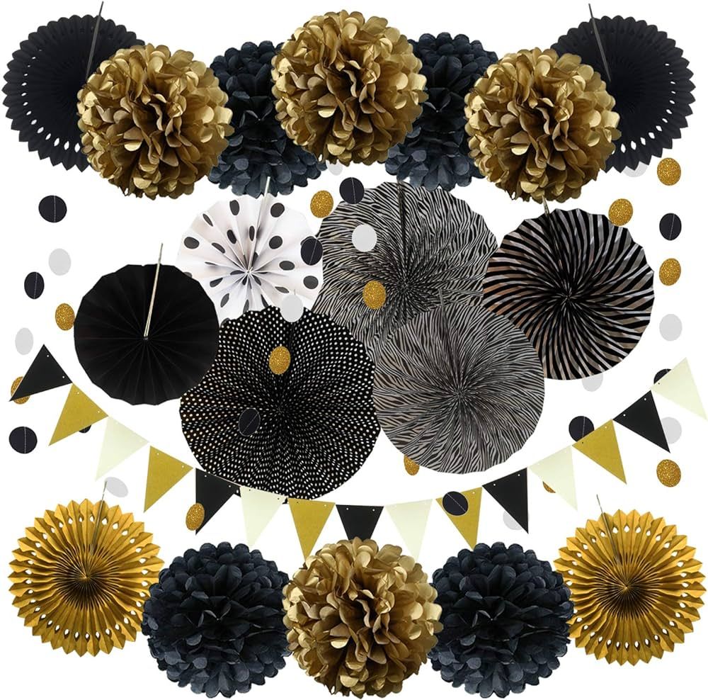 ZERODECO Party Decoration, 21 Pcs Black and Gold Hanging Paper Fans, Pom Poms Flowers, Garlands Stri | Amazon (US)