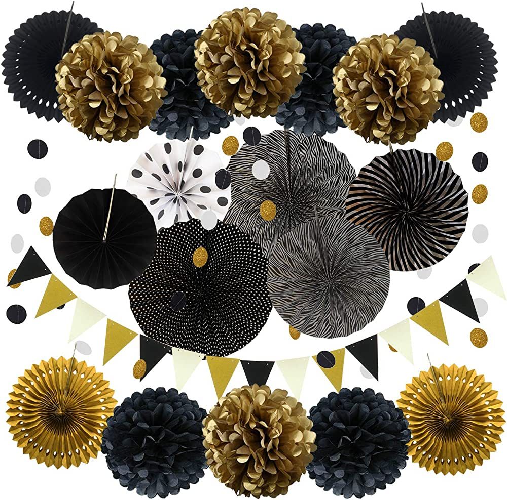 ZERODECO Party Decoration, 21 Pcs Black and Gold Hanging Paper Fans, Pom Poms Flowers, Garlands Stri | Amazon (US)