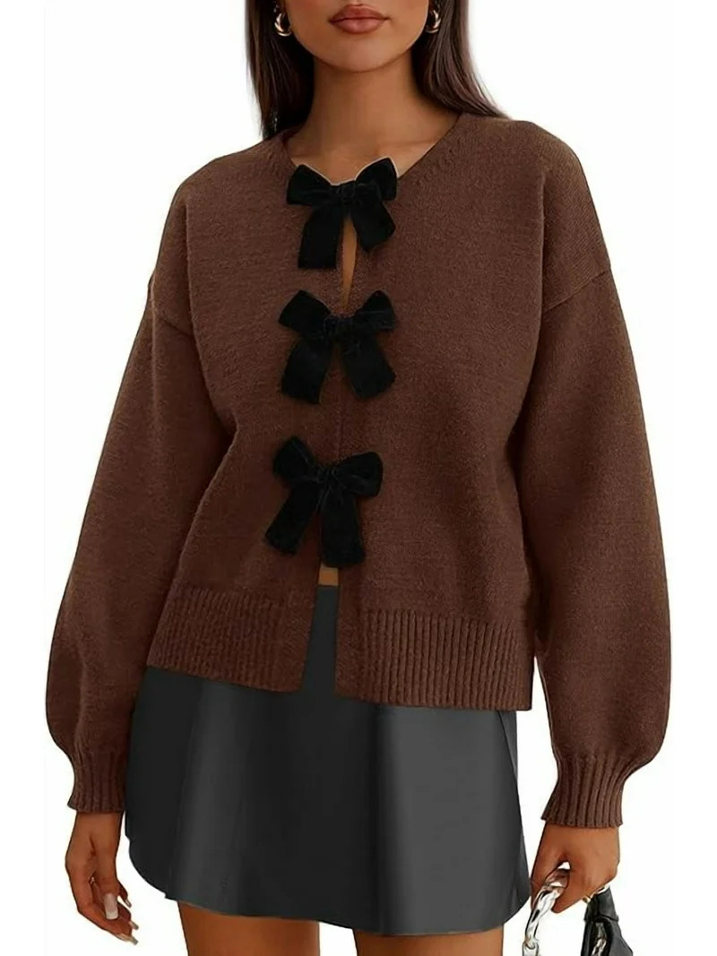 PRETTYGARDEN Cardigan Sweaters for Women Fall Bow Tie Front Long Sleeve Knit Sweater Tops Cute Go... | Walmart (US)